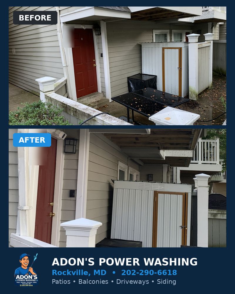 Townhome patio, shed and entry before and after