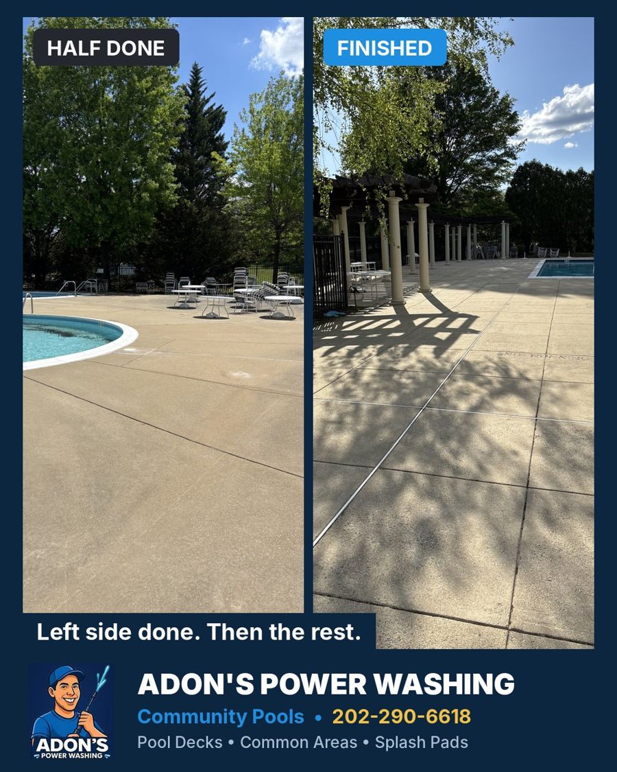 Pool deck half done, then finished
