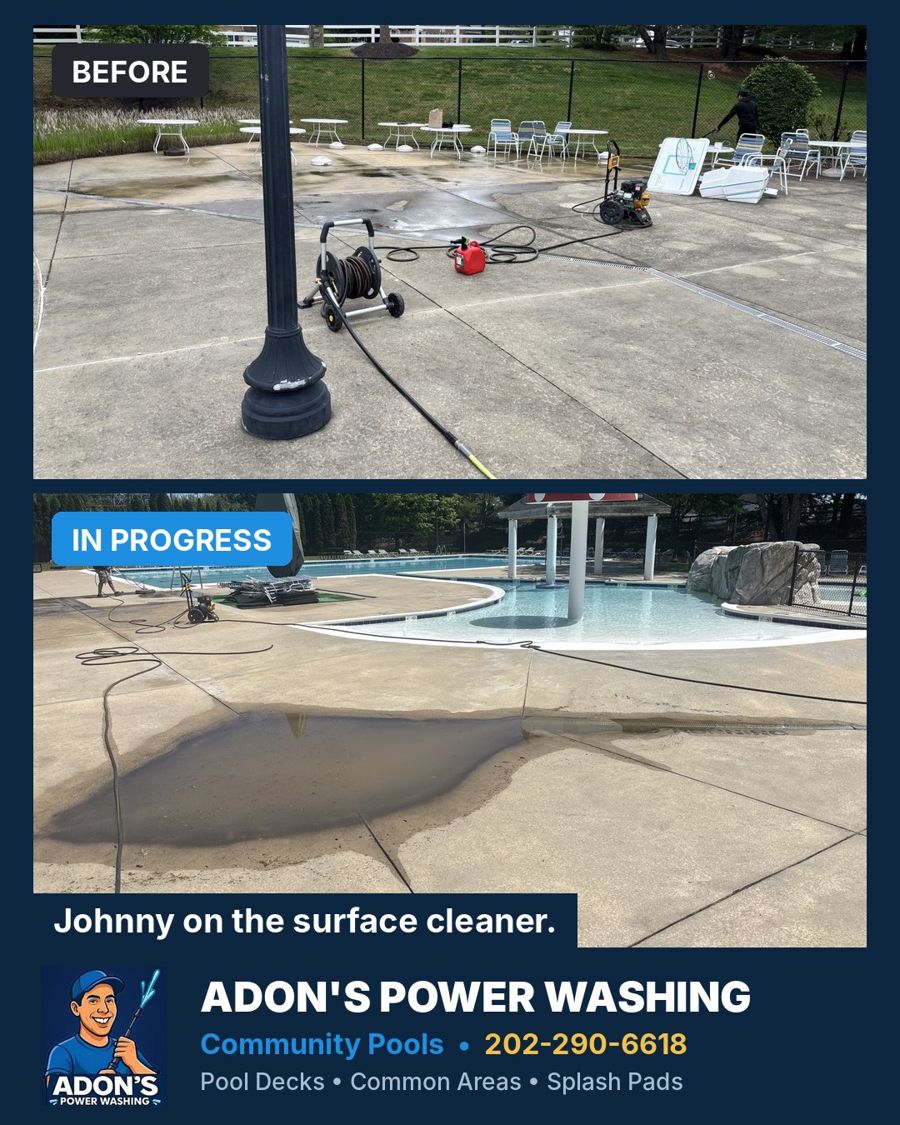 Pool deck before, then our crew surface cleaning