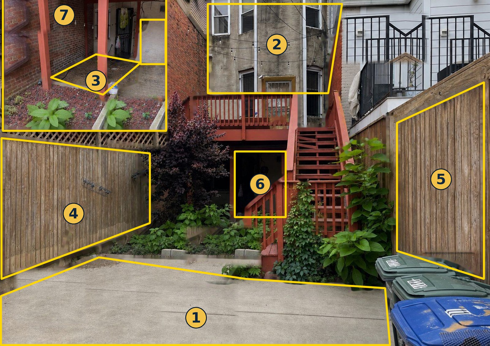 Example quote photo: driveway, siding, foundation, both fences, under the deck and gutters outlined with straight lines and numbered 1 to 7